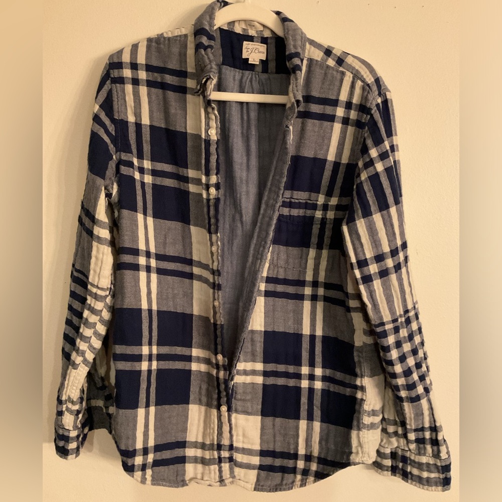 J Crew Flannel Reimagined Men's Large Blue Plaid Cotton Button Shirt Slim Fit